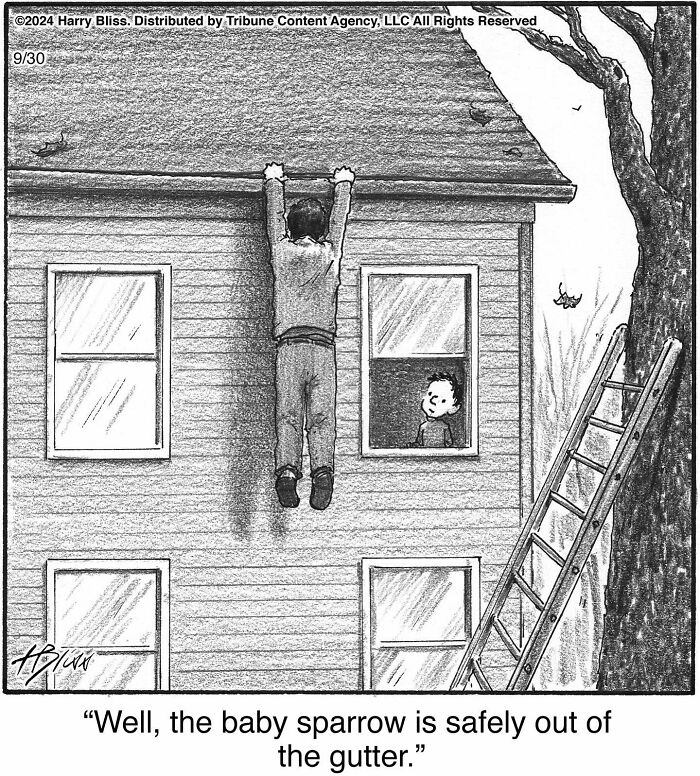 Man hanging from a roof while saving a sparrow, in a one-panel comic by Harry Bliss.