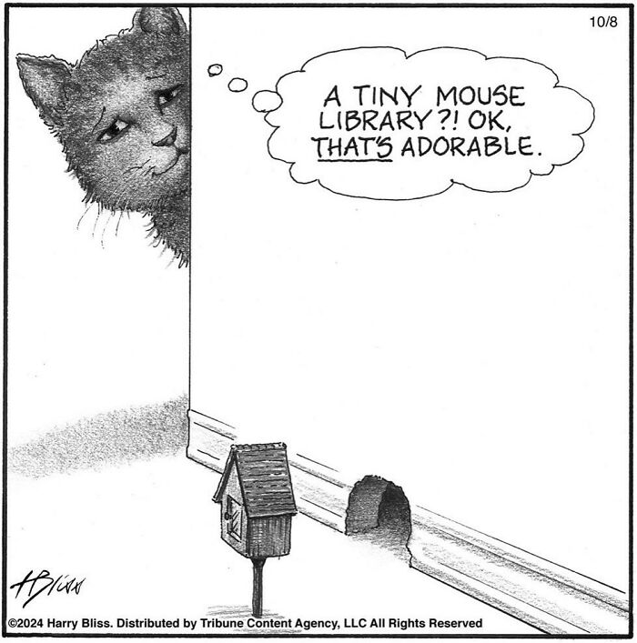 Cat finds a tiny mouse library adorable in a humorous one-panel comic by Harry Bliss.