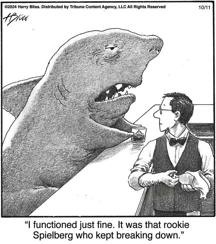 A humorous one-panel comic by Harry Bliss featuring a shark talking to a bartender.