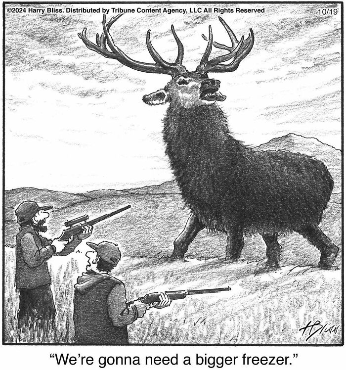 Hunters joke about elk size in a single-panel comic by Harry Bliss.