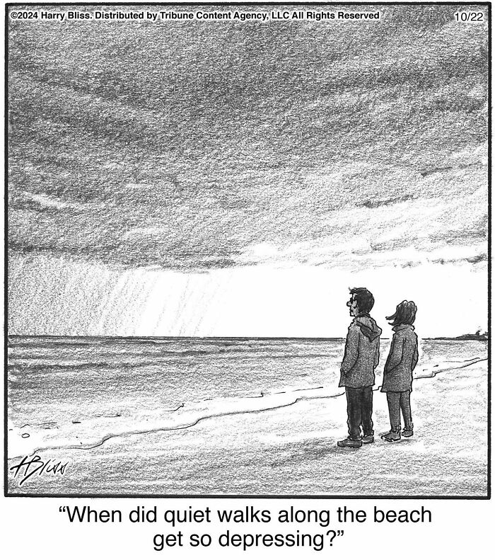 Couple standing on a beach in a Harry Bliss comic, pondering the somber atmosphere of quiet walks along the shore.