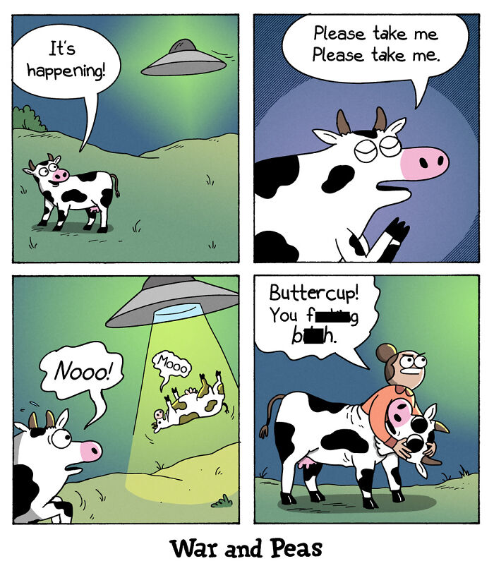 Cow being abducted by UFO in comic by War and Peas, with another cow reacting humorously.