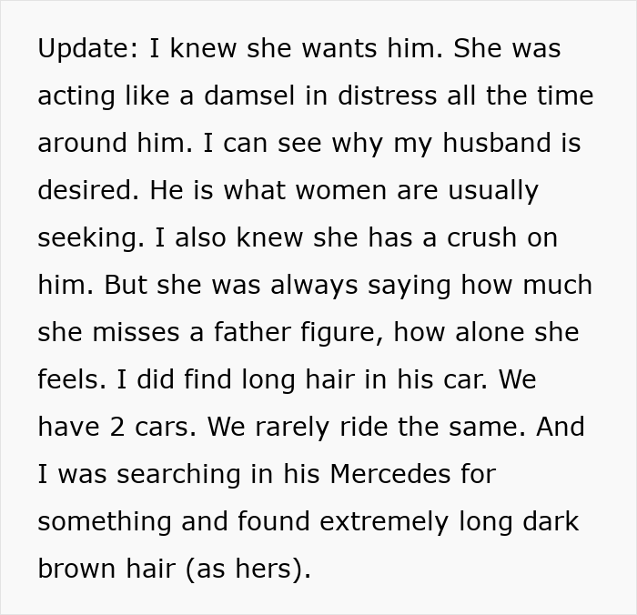 Text reveals suspicions of neighbour-daughter-husband-affair through found long brown hair in car.