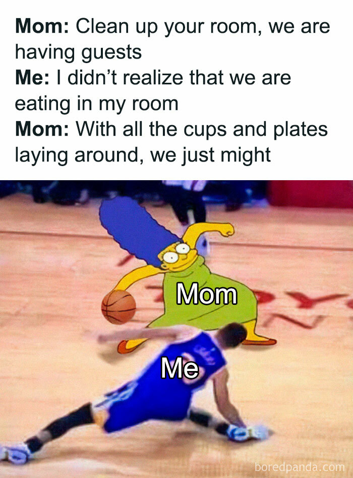 Funny and relatable meme of a mom playing basketball with labeled character "Mom" dunking over "Me".