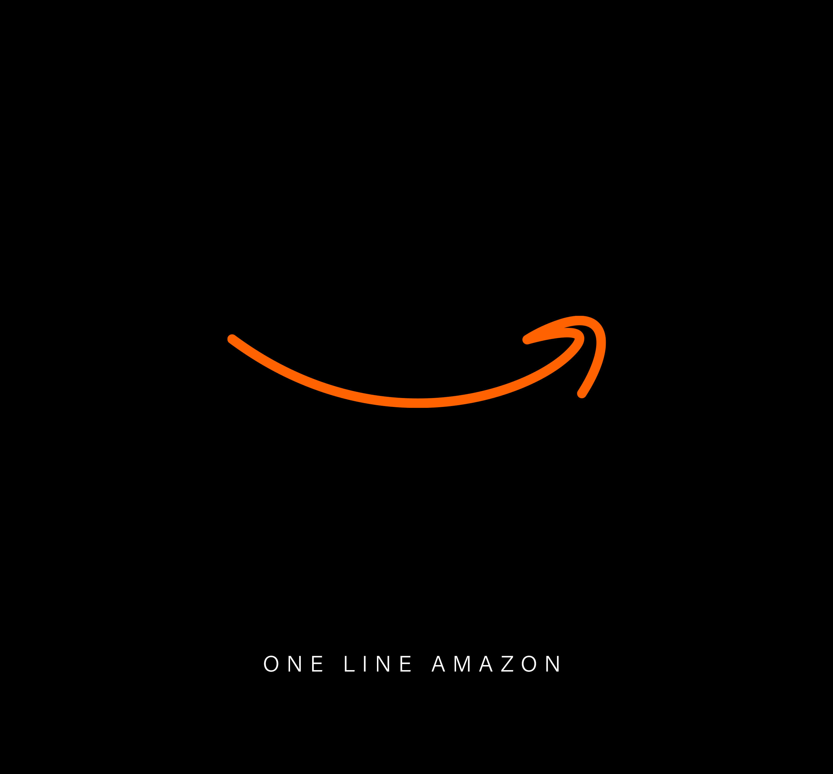 One-line drawing of an Amazon logo in orange on a black background.