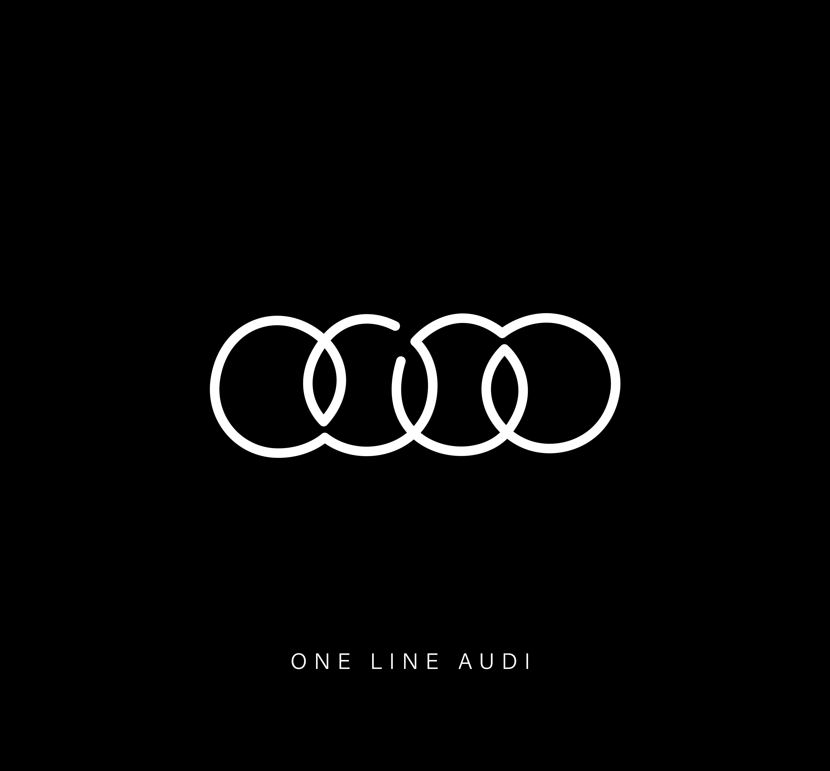 One-line drawing of Audi logo on black background.