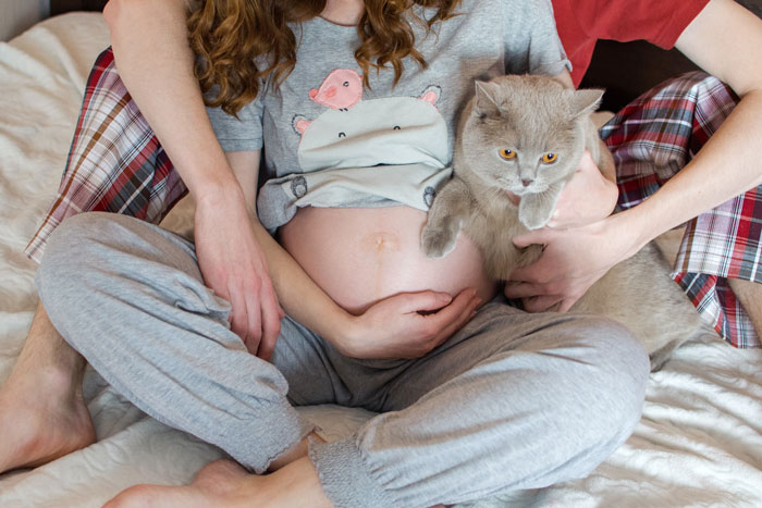 Pregnant woman in pajamas holding her cat while sitting on bed, focusing on pet care.