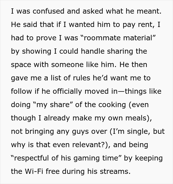 Text screenshot of a woman discussing unreasonable roommate demands and her refusal to let boyfriend move in.