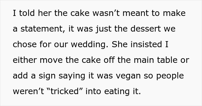 Text excerpt about wedding cake disagreement over labeling it vegan.