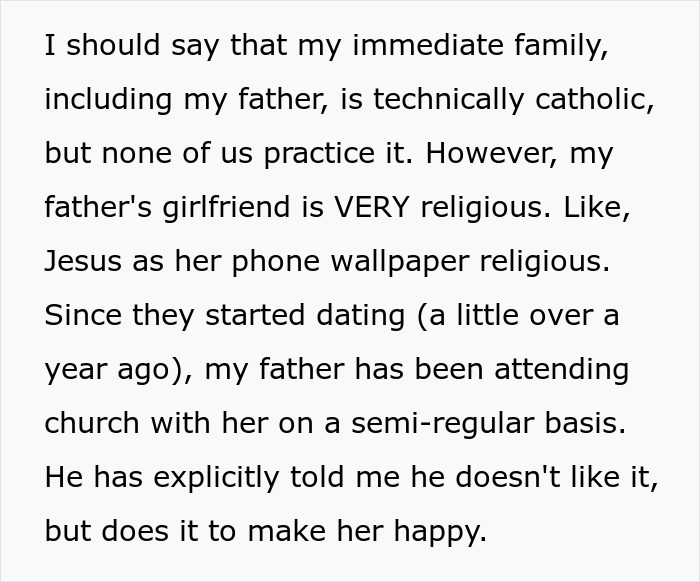 Text about a family's religious dynamics and the father's new relationship.