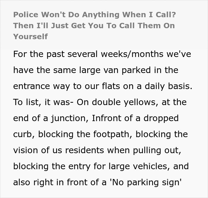 Text about a woman dealing with illegal parking problems and police inaction.