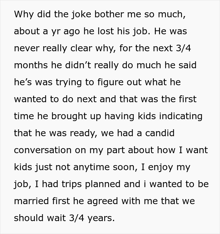 Text detailing a conversation about a joke causing upset regarding pregnancy plans with a fiancé.