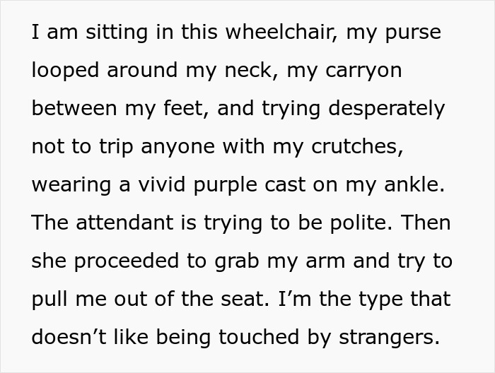 Text describing a woman in a wheelchair at an airport with a purple cast and purse, being grabbed by an attendant.