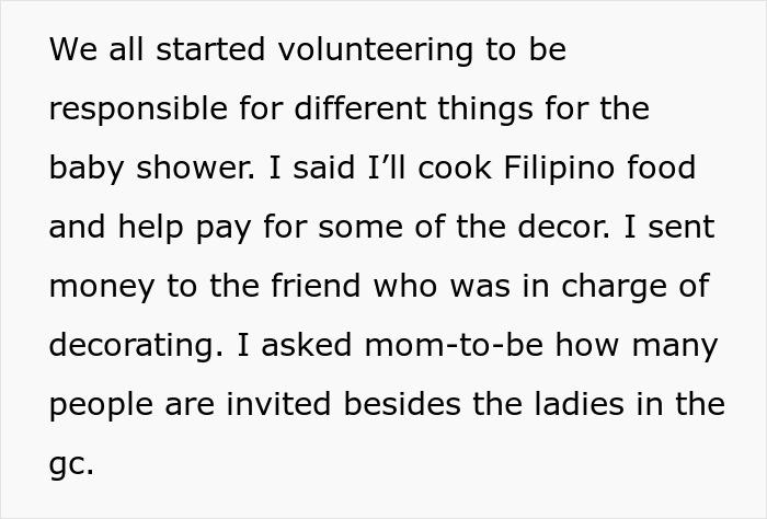 Text describing a woman volunteering to cook Filipino food for a baby shower before being uninvited.