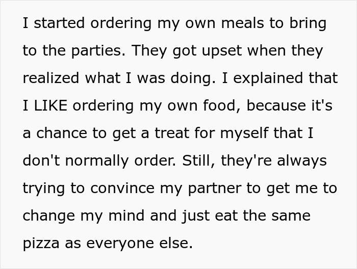 Text about MIL unable to handle someone disliking her favorite pizza place, leading to conflicts over meal choices.