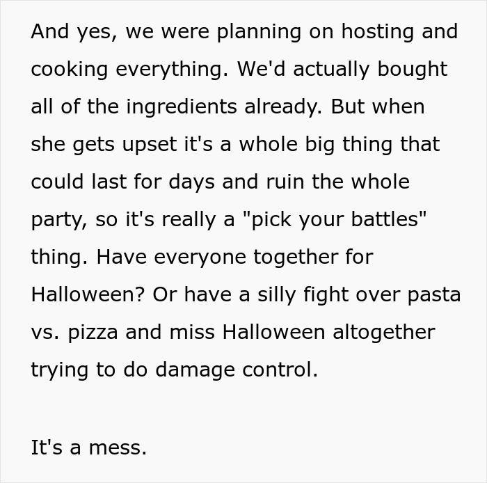 Text about a conflict between choosing pasta or pizza for a party.