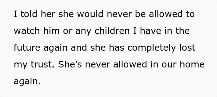 Text about a woman not allowing her mother-in-law to see her baby, expressing lost trust and setting boundaries.