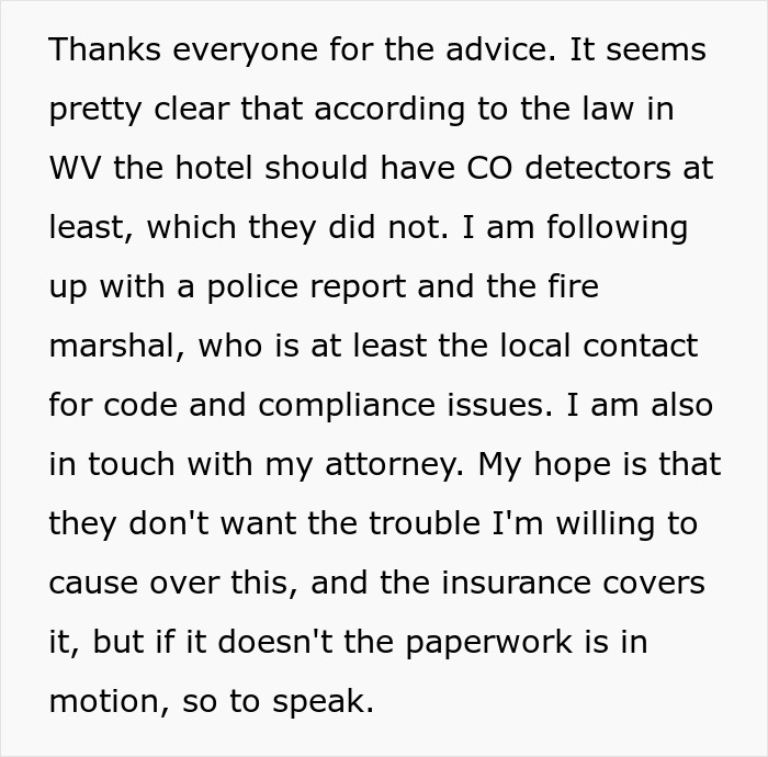 Text about a family's experience with hotel smoke and efforts to address safety and legal issues.