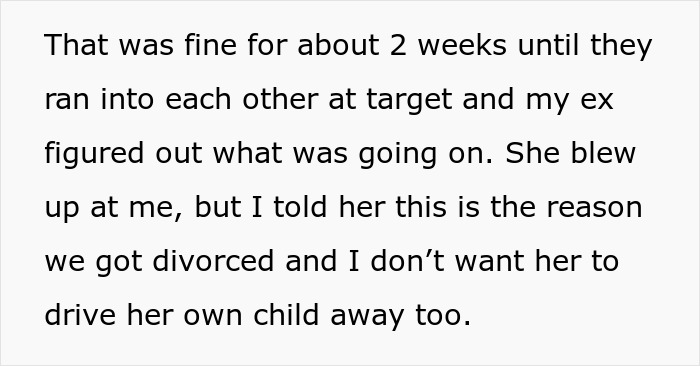 Text discussing an encounter at Target about a child and ex discovering a situation linked to a mom tracker.