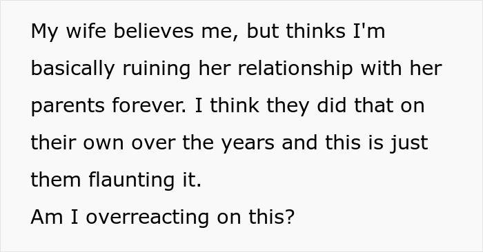 Text discusses tension over critical in-laws affecting family dynamics, questioning if the reaction is too extreme.