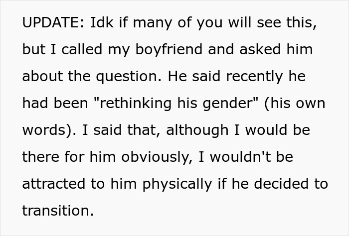 Text about a conversation on gender identity and relationship challenges around refusing dating trans boyfriend.