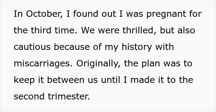 Text about pregnancy, excitement, and caution due to past miscarriages, revealing a plan to wait for the second trimester.