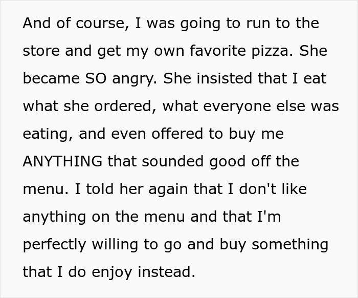 Text conversation about refusing to eat from favorite pizza place, seeking own choice instead.