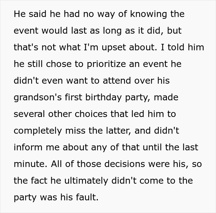 Text about choices leading to missing a grandson's birthday, related to father-son birthday party priorities.