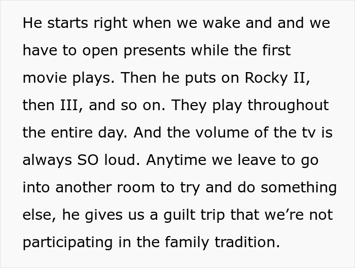 Text about a Christmas tradition of watching the Rocky movie series all day, with loud volume and family involvement.