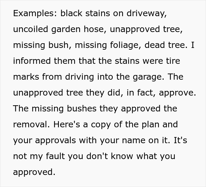 Text listing fake HOA violations to fundraise; homeowner disputes with evidence.