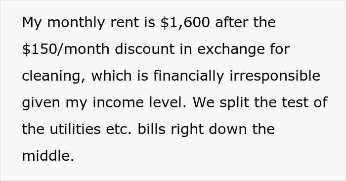 Text discussing monthly rent and 50/50 bill split despite income disparity.