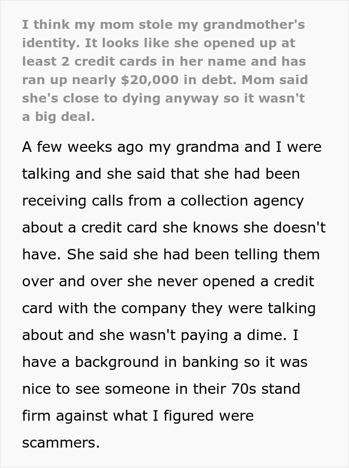 Text conversation detailing grandma's suspicion of fraud and $20,000 debt, implicating her daughter.