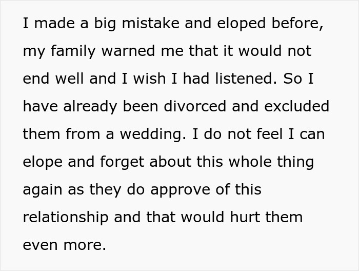 Text about a previous elopement mistake and family disapproval relating to wedding date change.