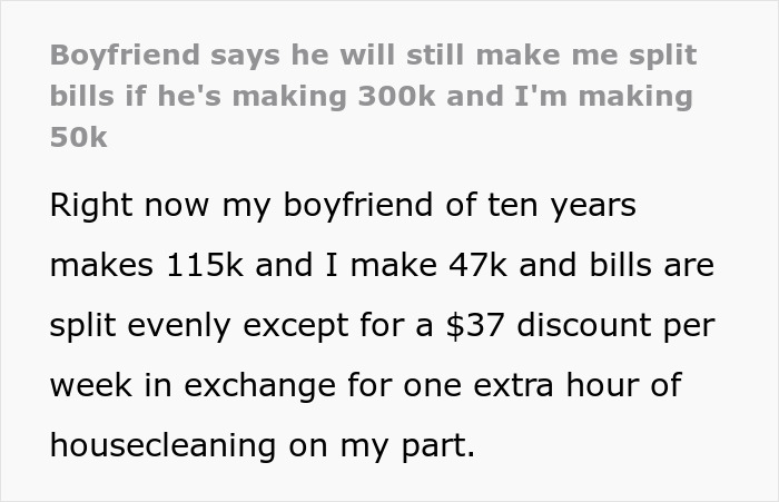 Text image about a couple discussing a bill split, with the boyfriend earning more.