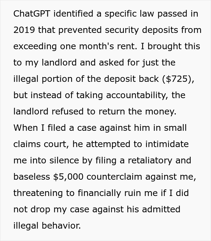 ChatGPT aids tenant in court victory against greedy landlord's illegal deposit demand.