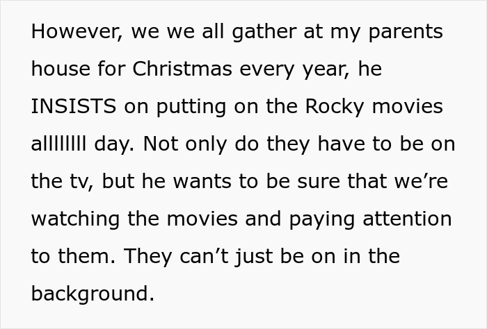 Text recounting brother's tradition of watching Rocky movies during Christmas.