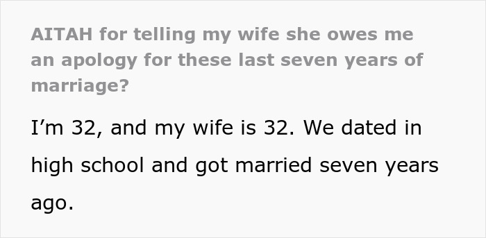 Text from a post discussing marriage and an apology request after seven years.