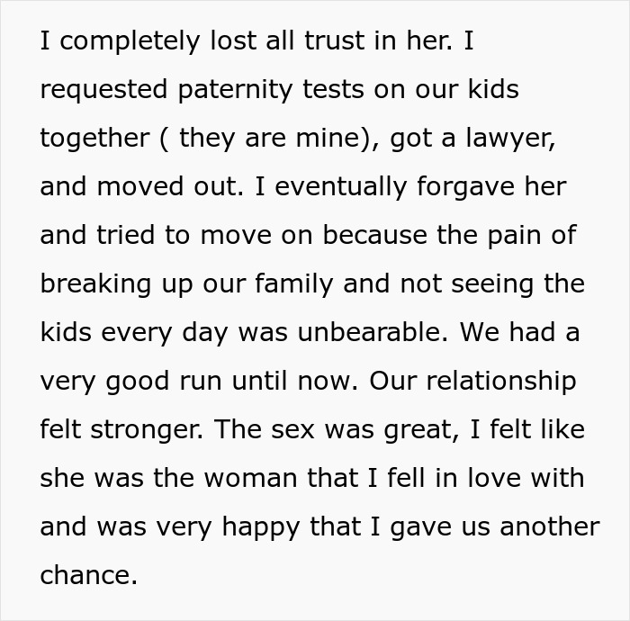 Text excerpt about a husband's trust issues after wife's refusal of a paternity test.