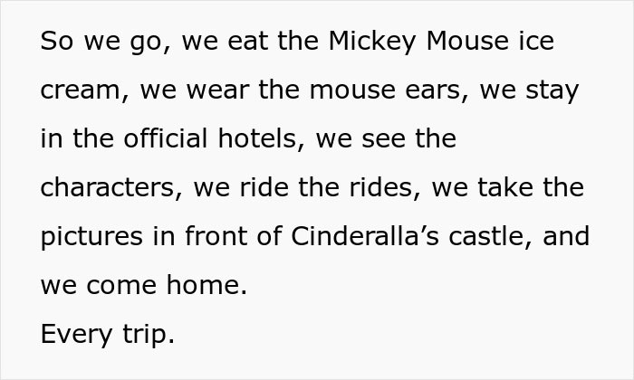 Text describes repetitive Disney trips, including ice cream, mouse ears, hotels, characters, rides, and pictures at Cinderella's castle.