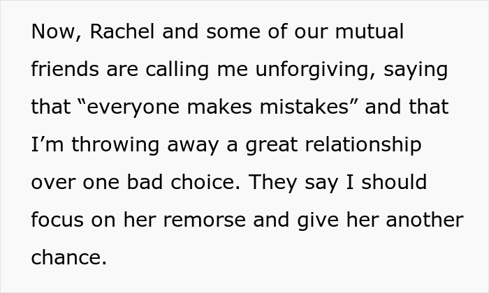 Text discussing refusing to reconcile with a cheating girlfriend despite friends\' advice to forgive.