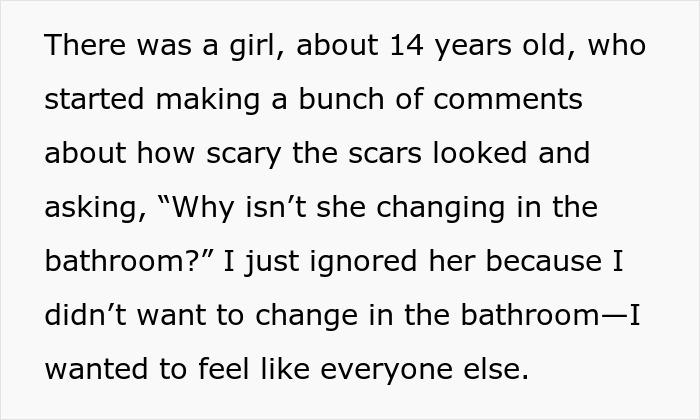 Text snippet about a 14-year-old girl's comments on scars and changing in the bathroom.