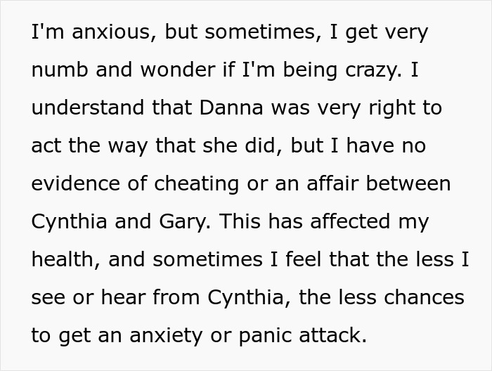 Text image of a person's anxiety and doubts about cheating and a past affair, mentioning Cynthia and Gary.