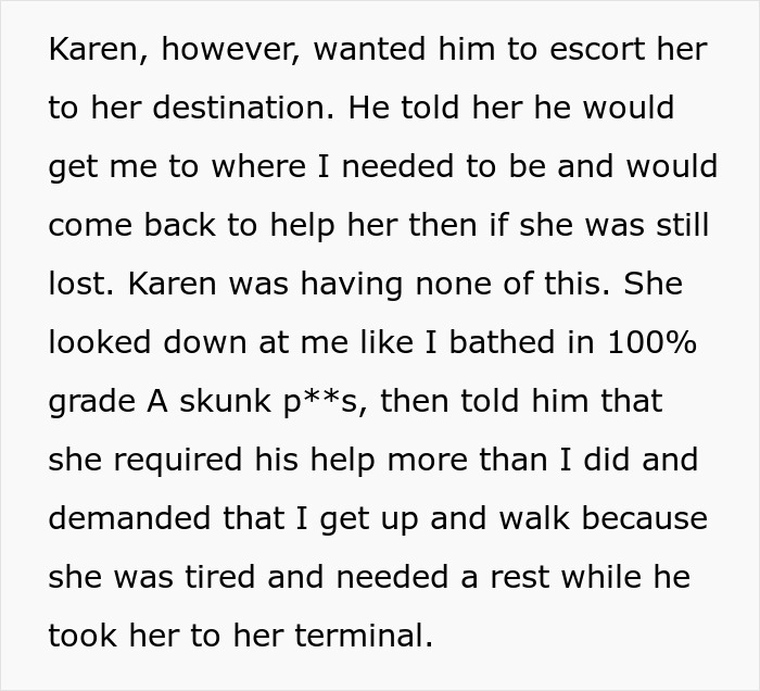 Text about a confrontation at an airport involving a woman in a wheelchair and a demanding Karen.