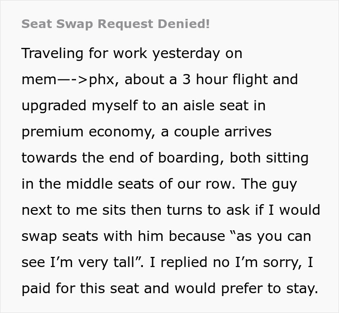 Entitled passenger denied seat swap, tantrum ensues on flight, highlighted in text story.