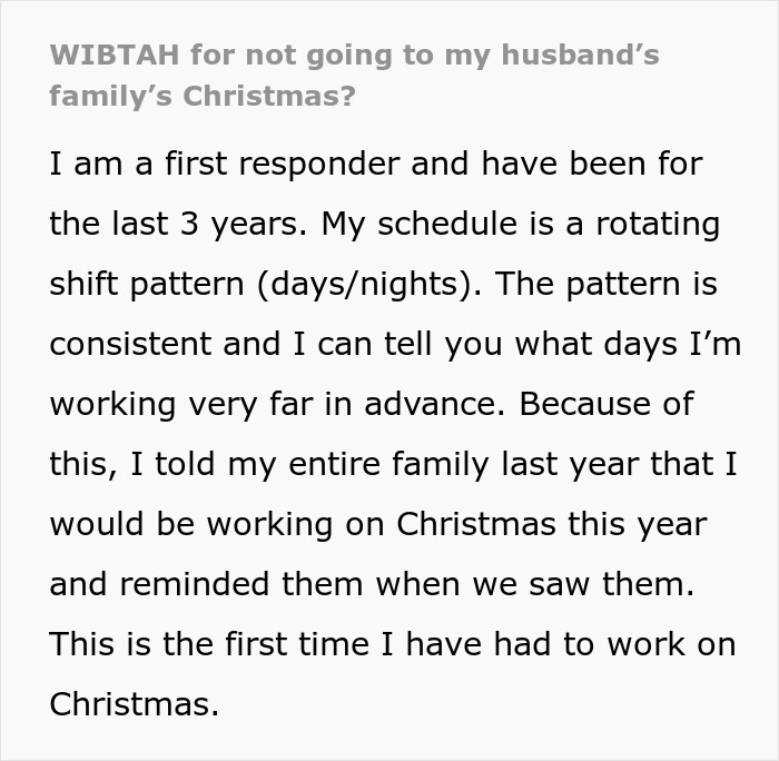 Text about a first responder explaining Christmas work schedule to husband's family.