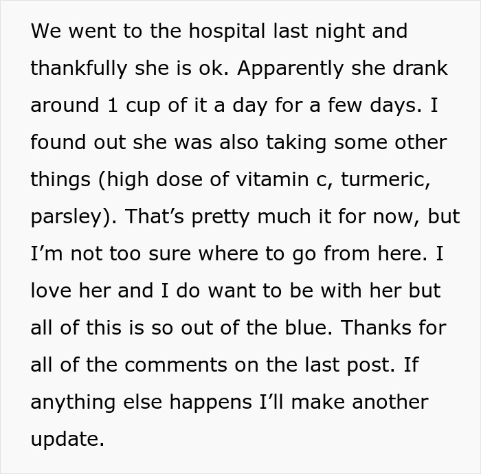 Text detailing hospital visit, girlfriend's intake of vitamin C, turmeric, parsley, leading to baby drama context update.