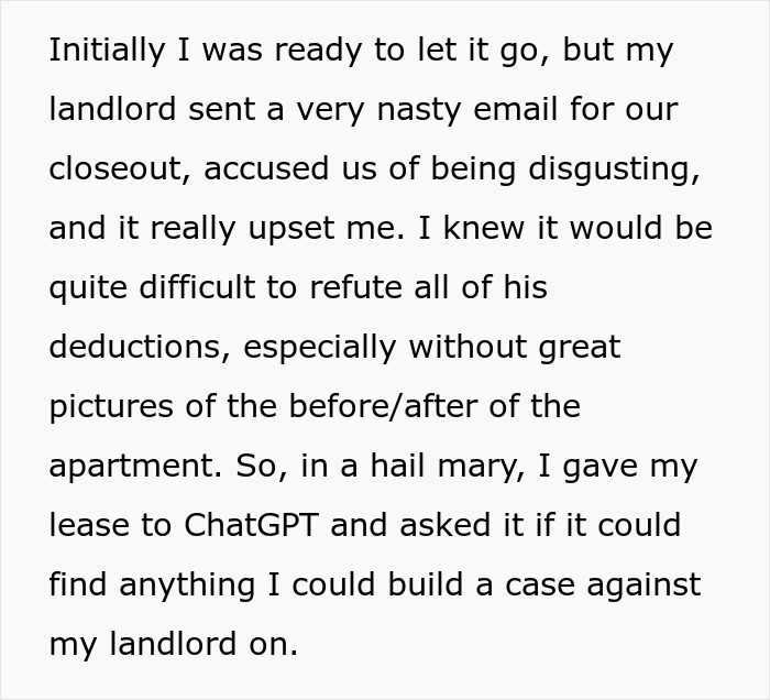 ChatGPT aids tenant in winning court case against landlord's unfair deductions.