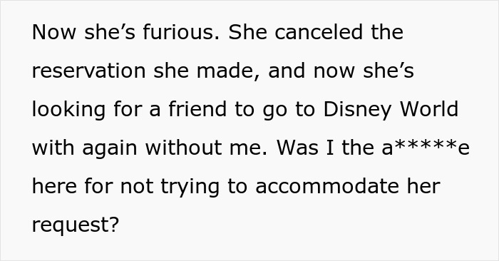 Text excerpt about a man's refusal to visit Disney World again and his wife's frustration.