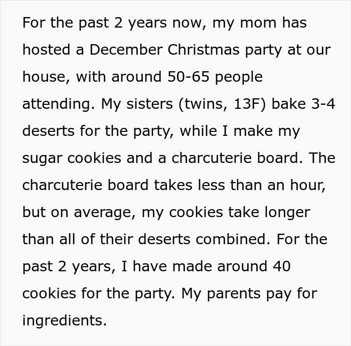 Text explaining daughter's role in making Christmas cookies for a party, with parents covering ingredient costs.