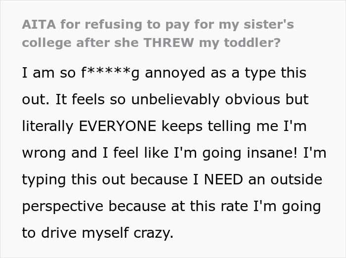 Text describing frustration over toddler concussion and sister's college payment refusal.